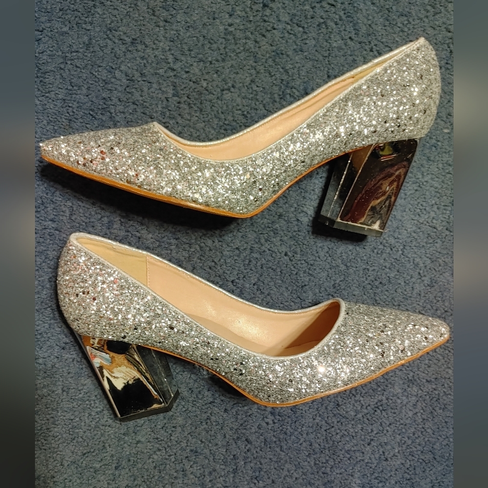 Women's Sparkling Glitter Chunky Heel Closed Toe Pumps Comfortable Mid Block